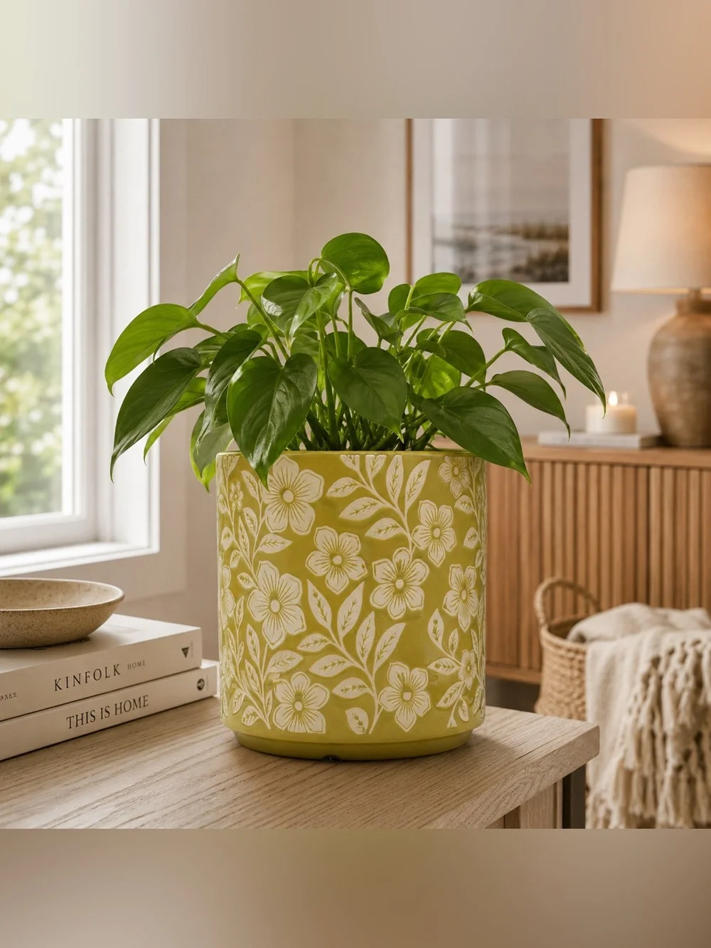 Mustard Yellow Floral Ceramic Planter with Drainage Hole, 6 Inch planter